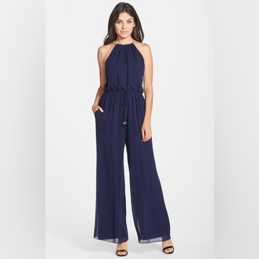 Vince Camuto Navy Blouson Halter Gold Choker Wedding Guest Jumpsuit 4 - Picture 1 of 13